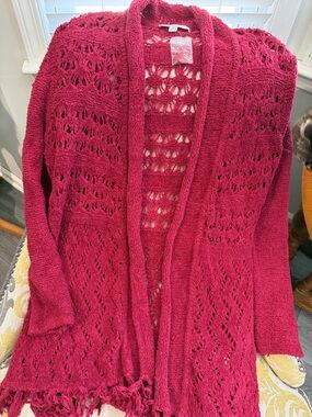 Liz Claiborne Open Crochet Cardigan in Raspberry